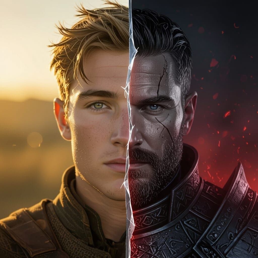 Man's Face Split: Youthful Hero vs. Armored Warrior