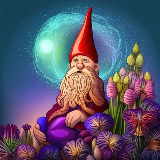 Gnome in a garden holding a bunch of pansies and tulips