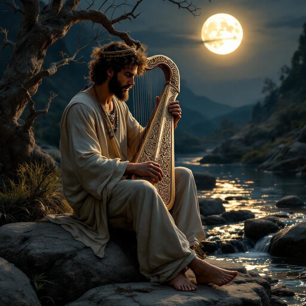 Photorealistic Harpist Under the Moon