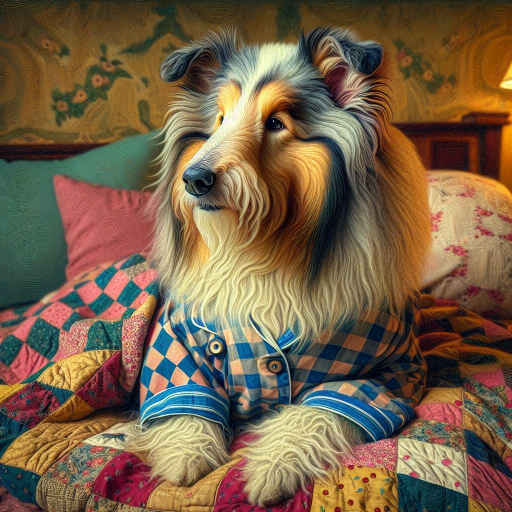 Bearded Collie in Pajamas Under Quilt, Oil Painting