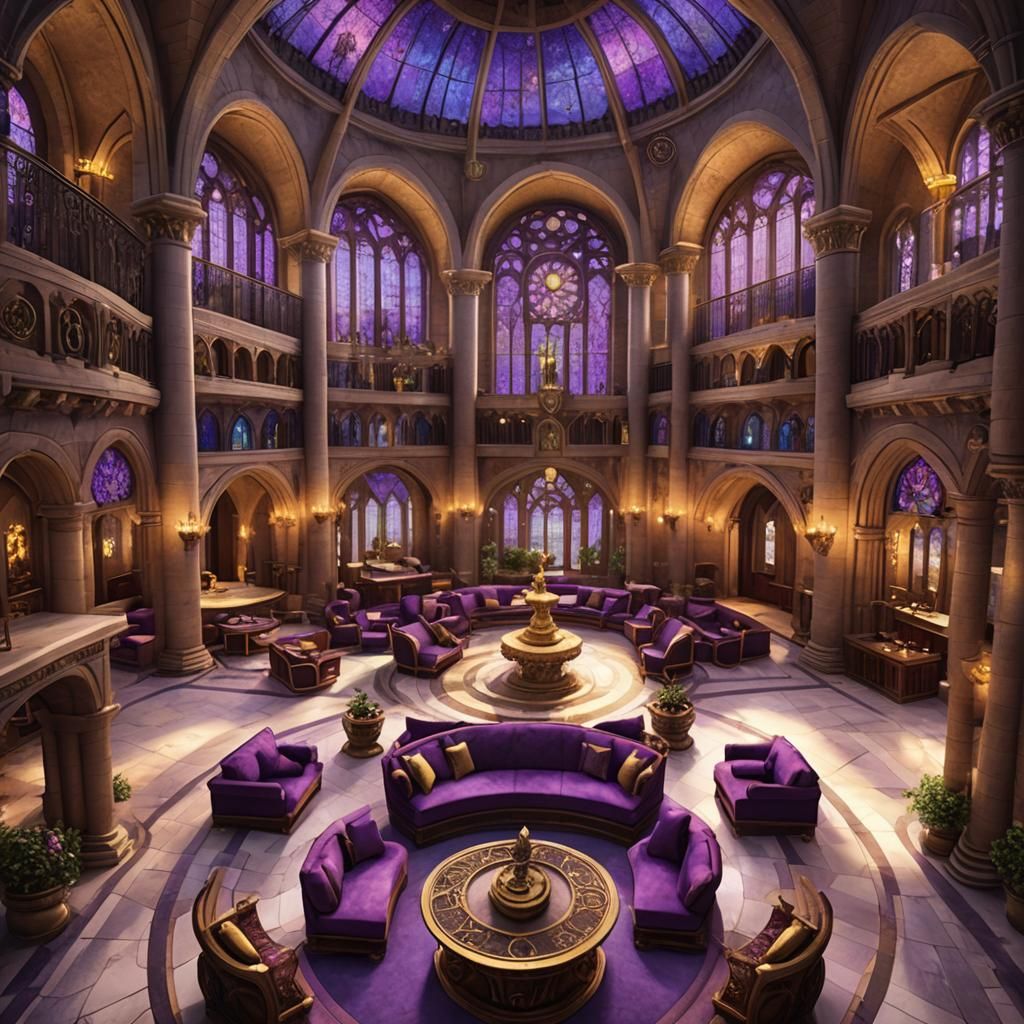 Grandiose Wampus Common Room with Purple and Gold Sunset