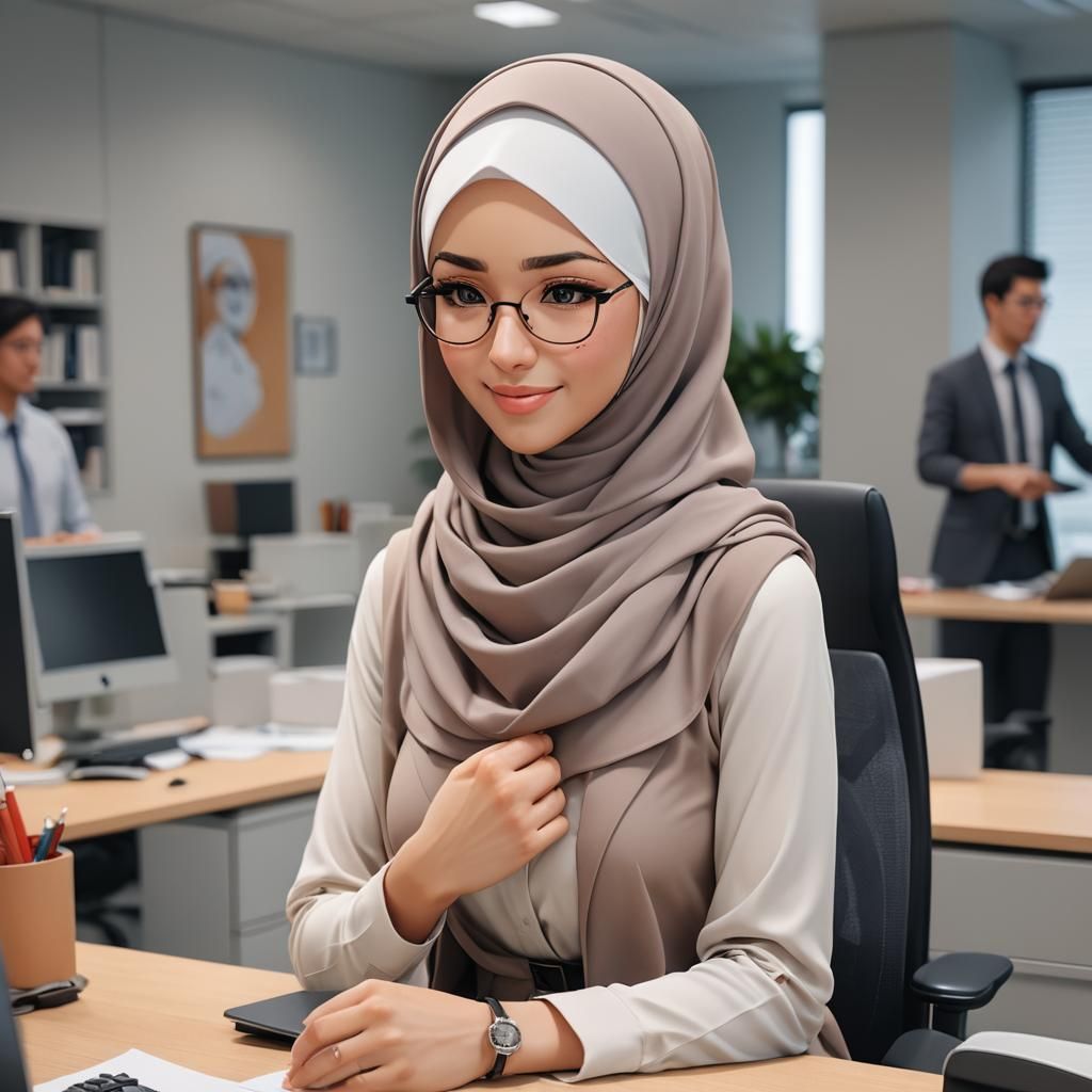 Hijab-Wearing Woman in Anime Style Writes in Office