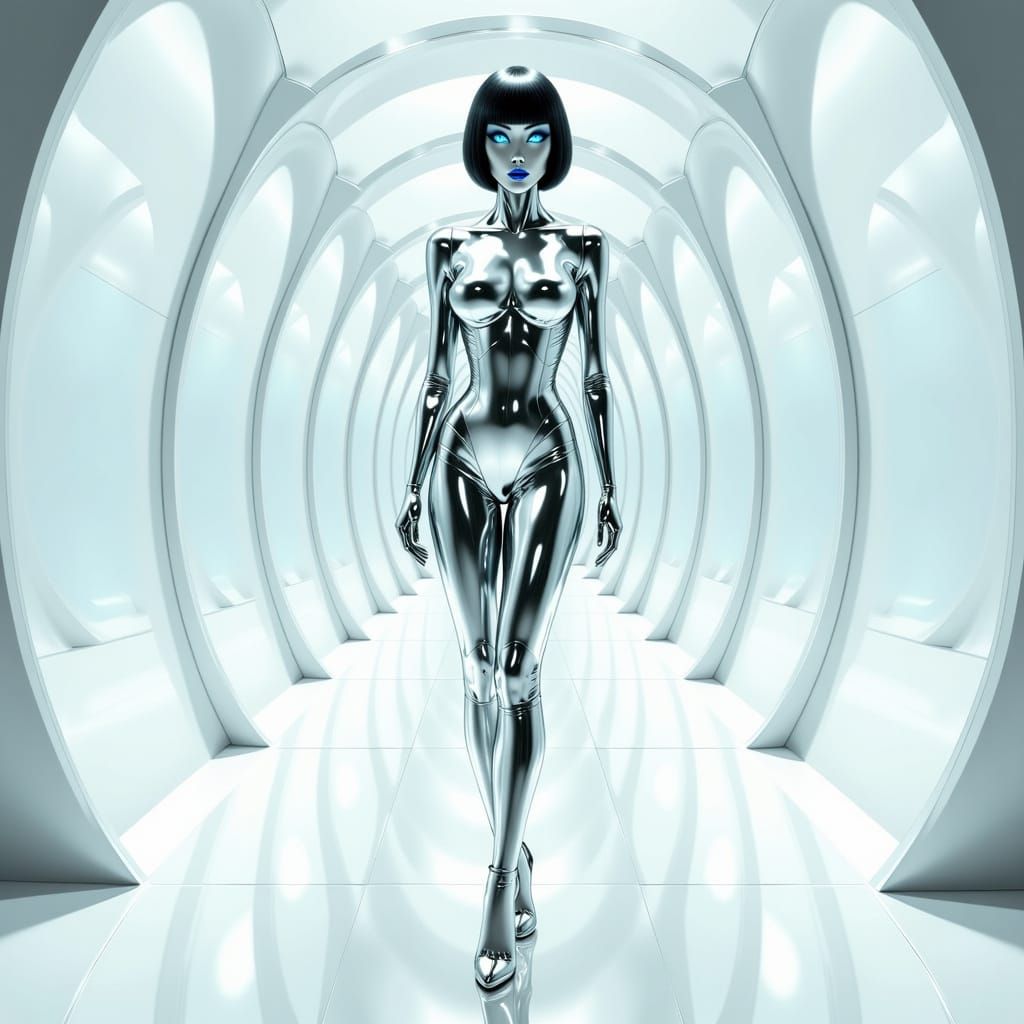 Seductive Chrome Robot Goddess in Neon White Corridor