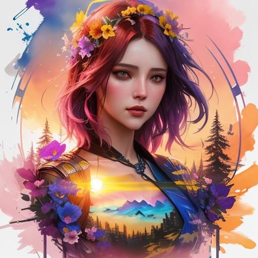 Ukrainian Woman Double Exposure Watercolor Illustration