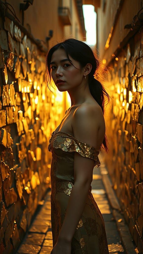 Sensual Lady in Fractured Mosaic Alley at Sunset