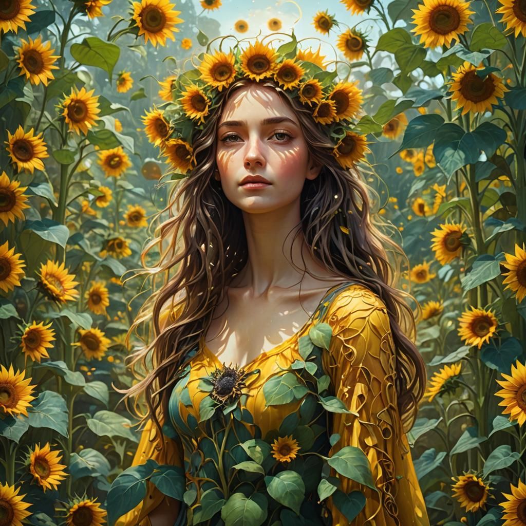 Sunflower Woman in Lush Garden, Fantasy Art