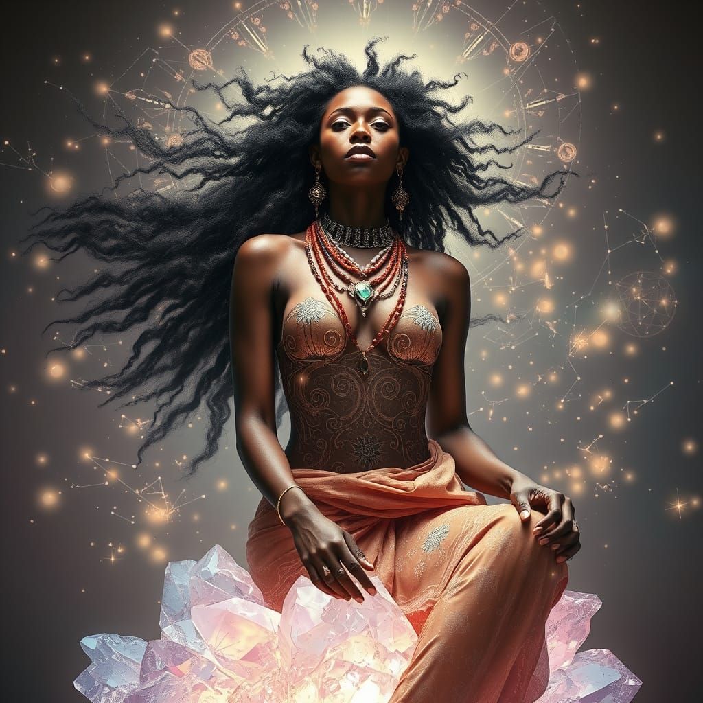 Mystical Afrofuturist Goddess in Cosmic Crystal Realm