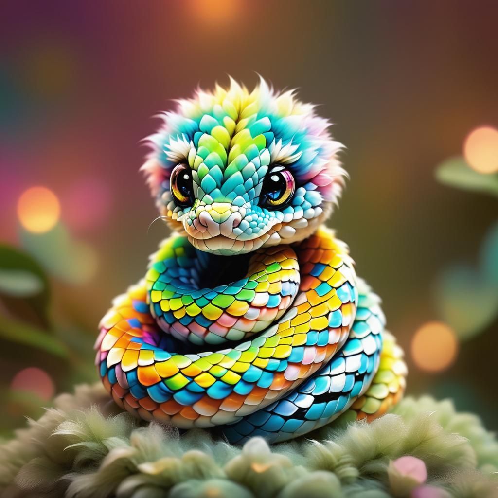 Fluffy Baby Snake in Whimsical Digital Art Style