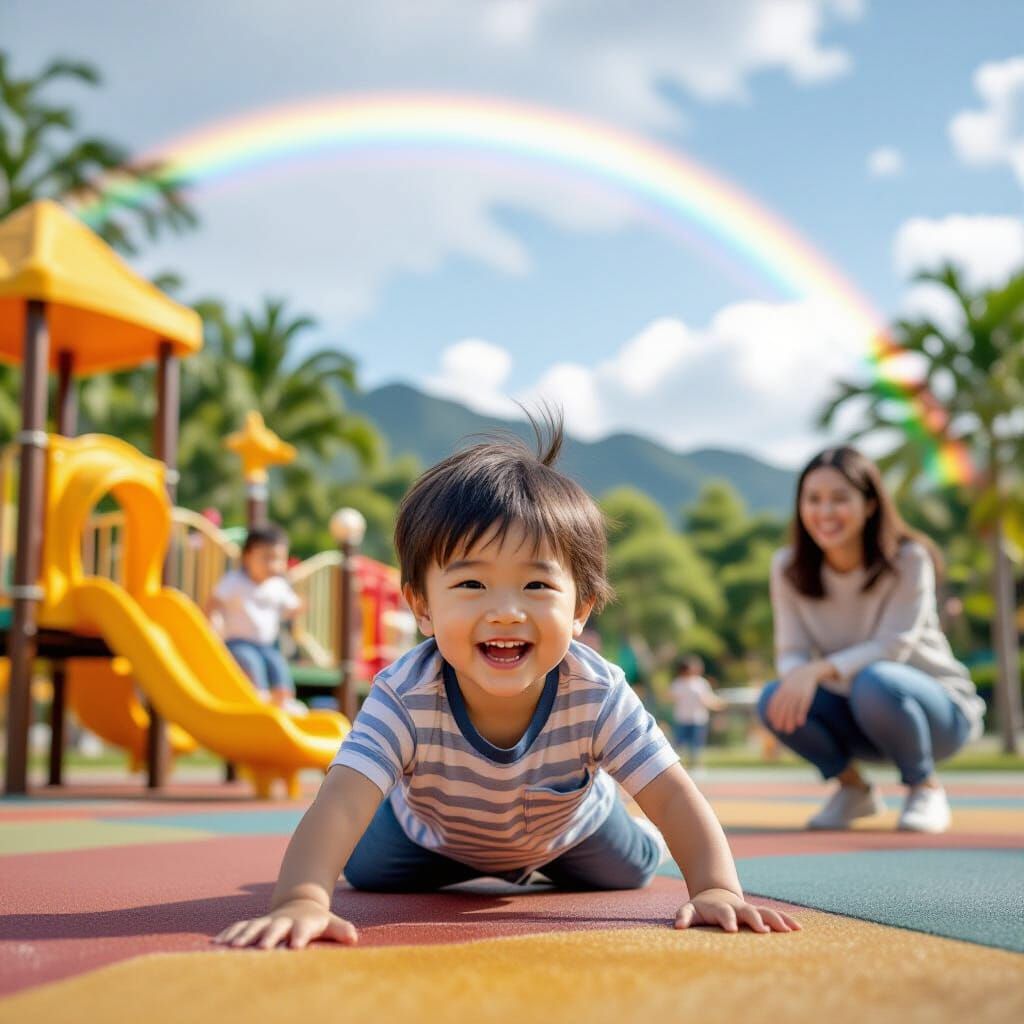 Joyful Chinese Boy Plays in Tropical Playground with Rainbow