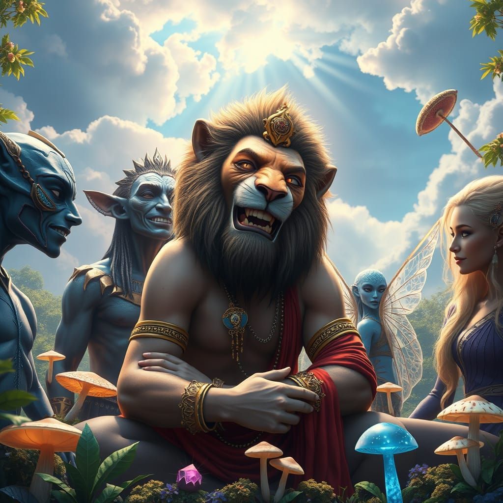 Lion-Headed Humanoid Laughs with Alien Friends in Vibrant, O...