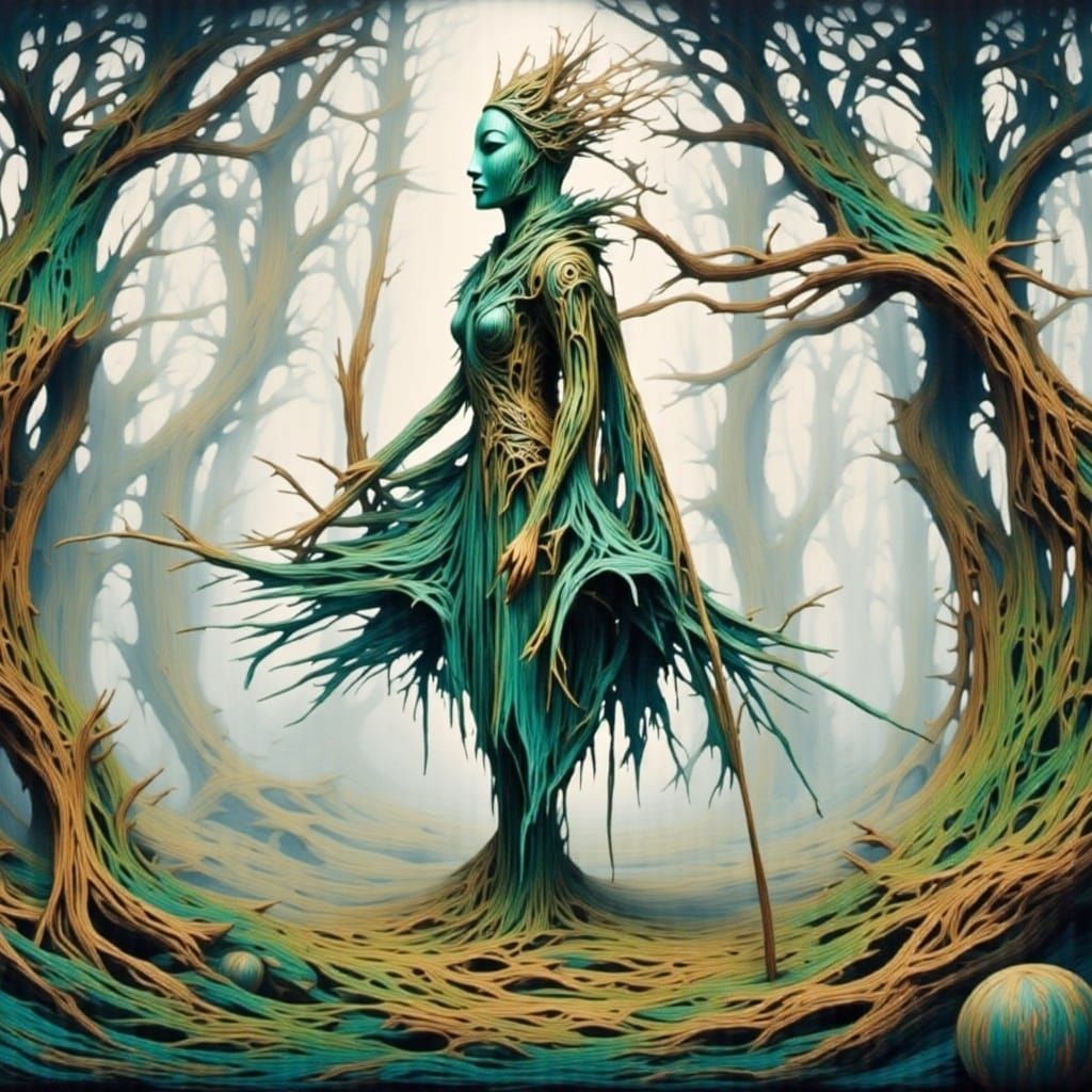 Wood Elf in Emerald Forest, Dreamy Whimsical Woodland Scene