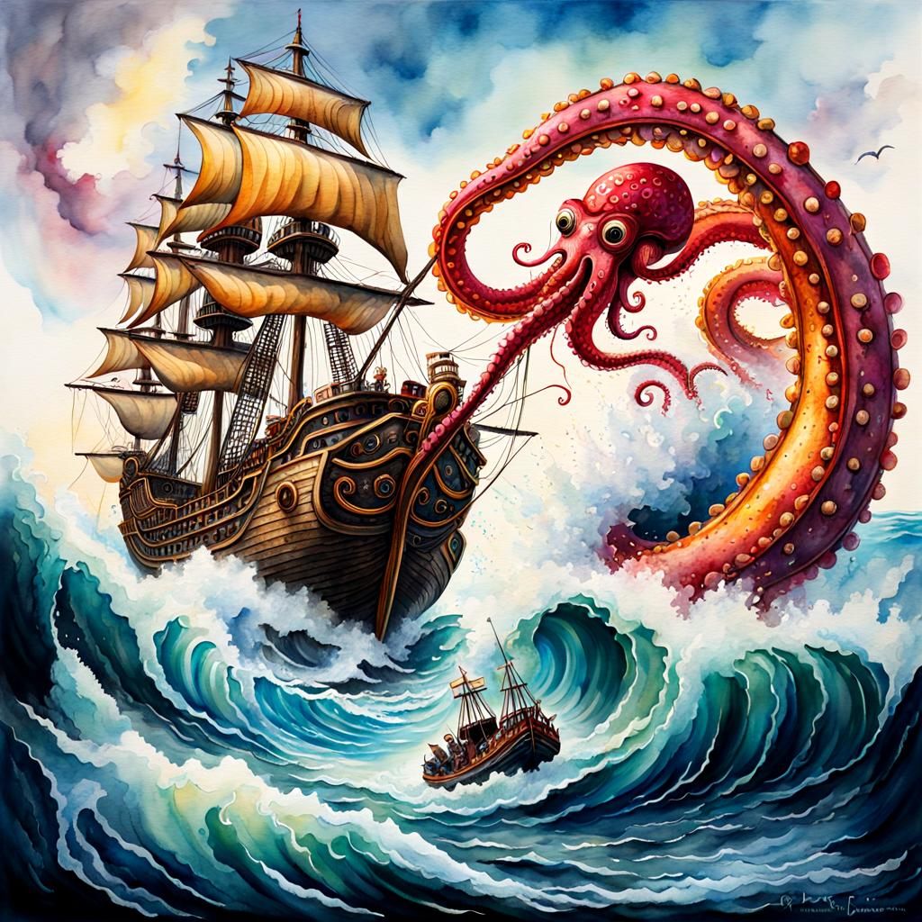 Kraken Tentacles Pulling Pirate Ship: Watercolor Painting