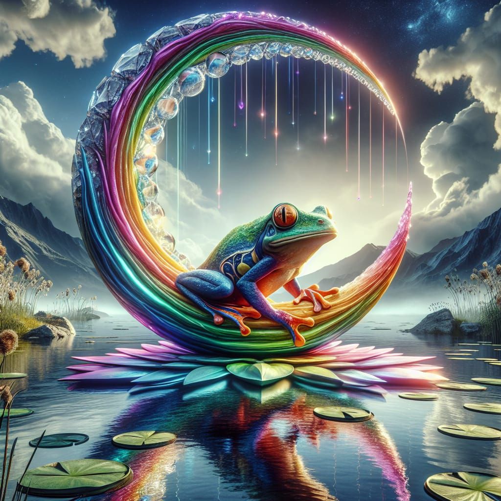 A very unique and highly detailed magical rainbow frog sitti...