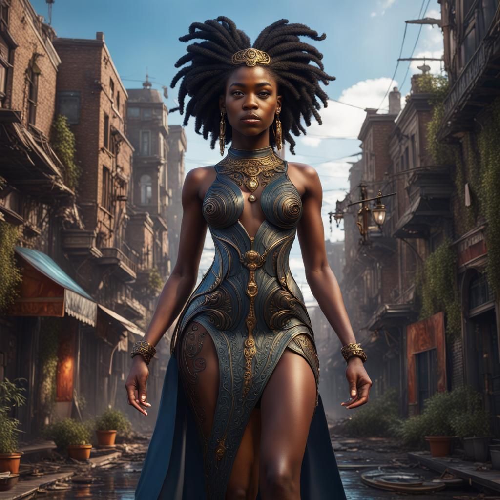 Ebony Goddess in Urban Dress: Detailed Matte Painting
