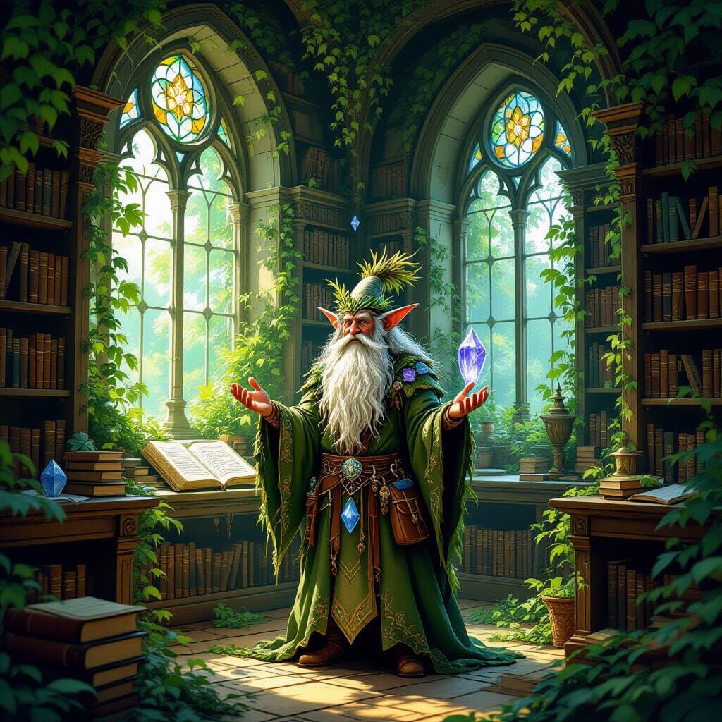 Druid in Overgrown Library as Folk Art