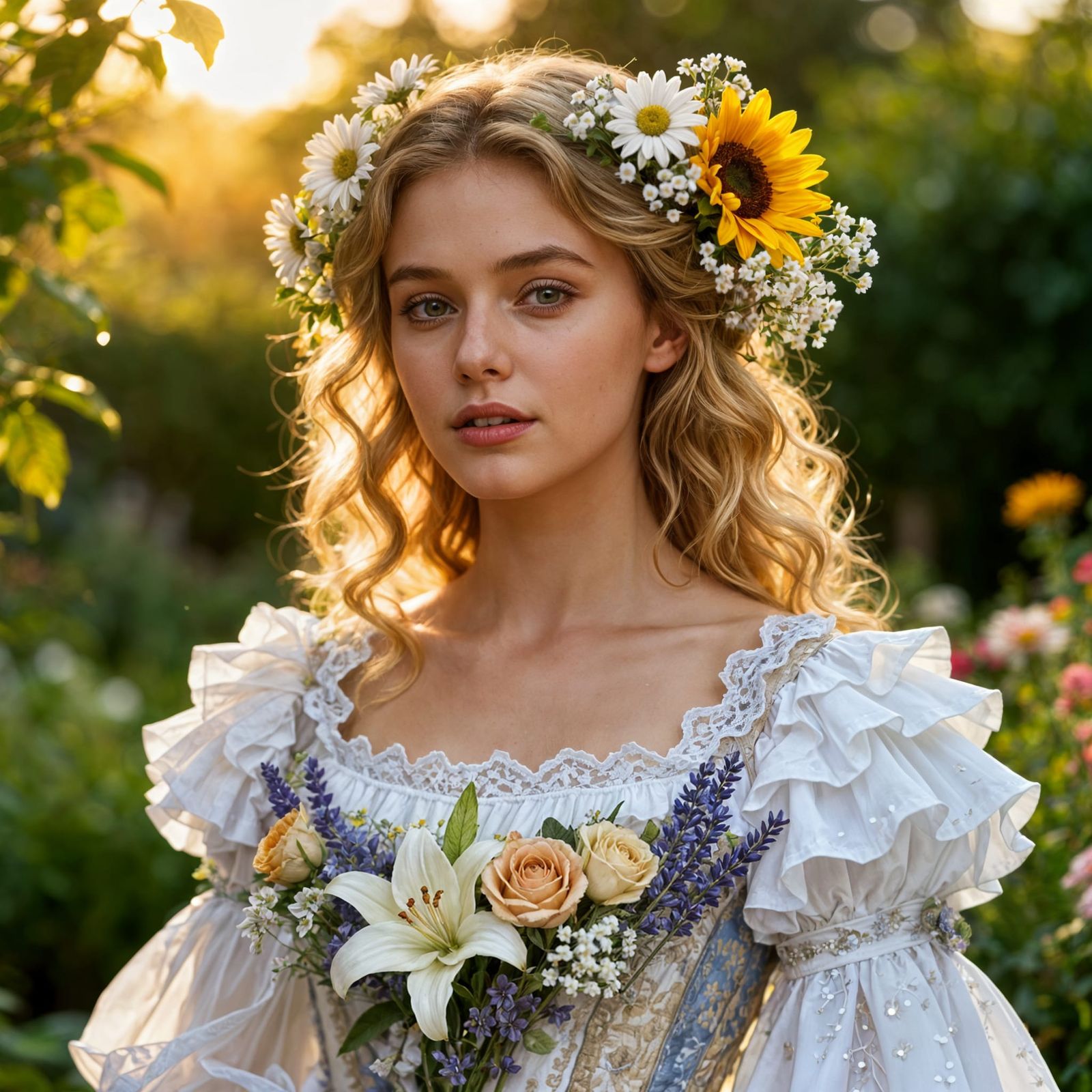 Beautiful Woman with Summer Flowers in Fantasy Dress