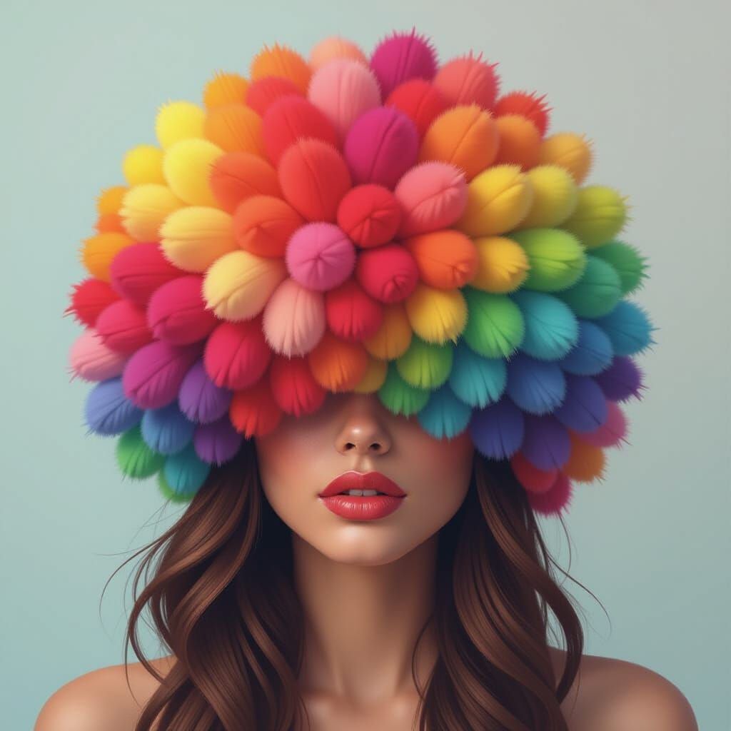 Rainbow Pom Pom Mask in Oil Painting Style