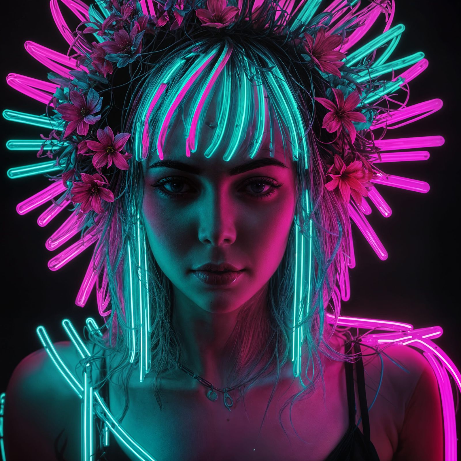 Neon Woman with Glowing Eyes and Floral Hair