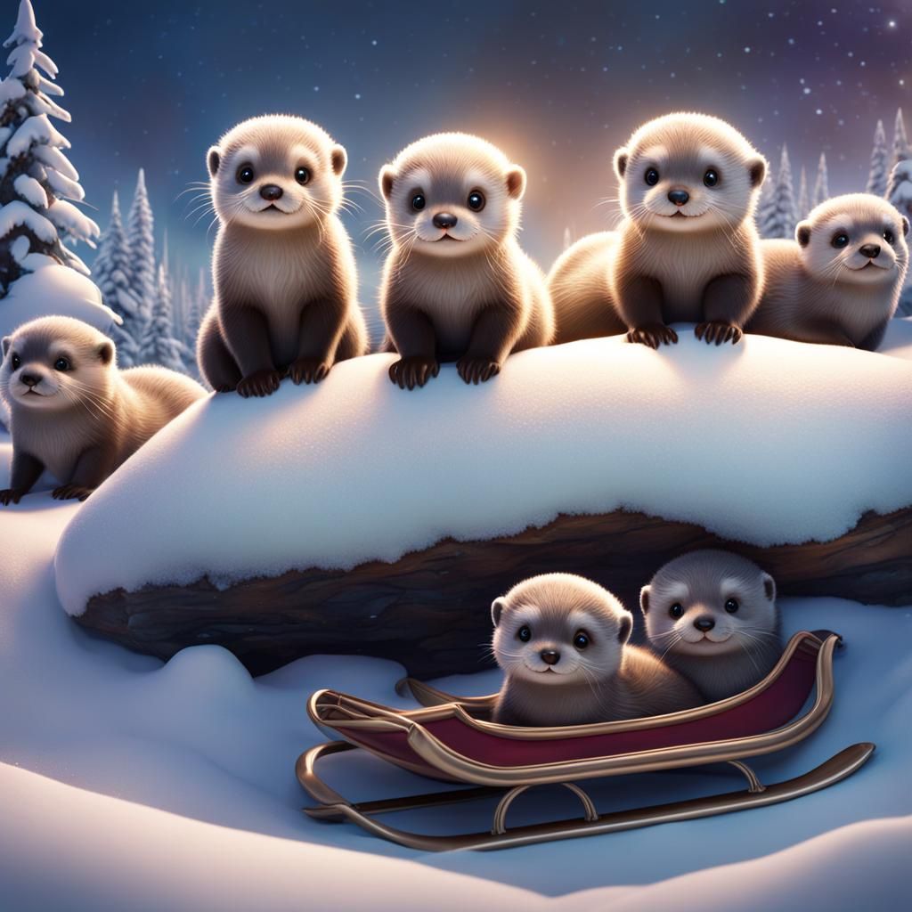 baby otters bobsledding