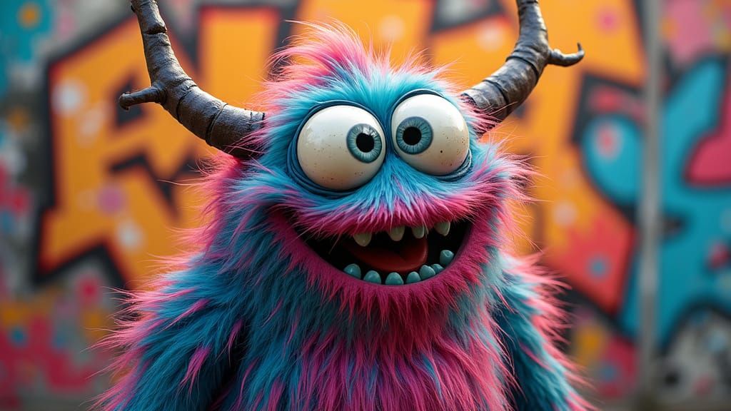 Whimsical Furry Monster with Big Eyes in Graffiti Style