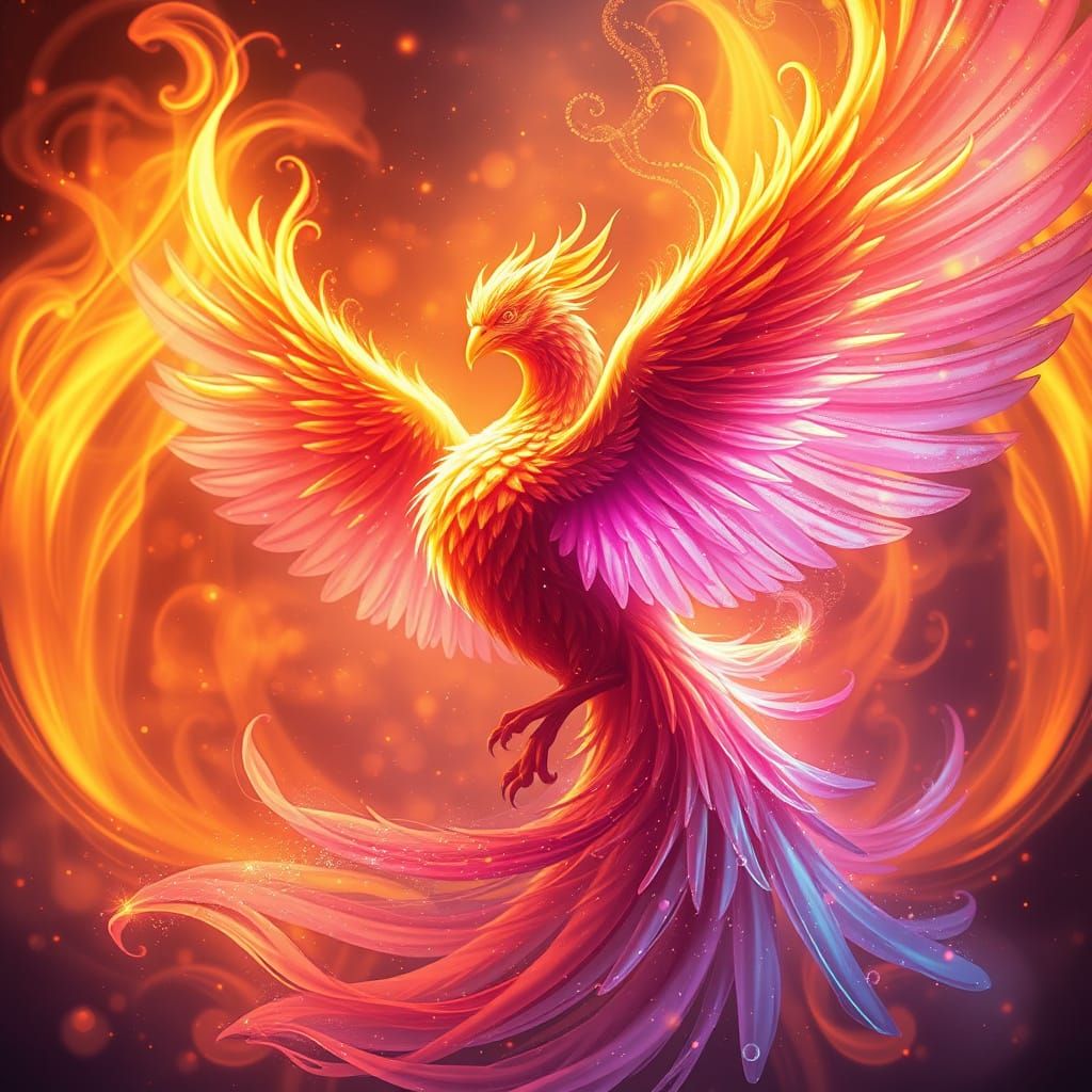 Surreal Phoenix Erupts from Amber Flames in Iridescent Mist