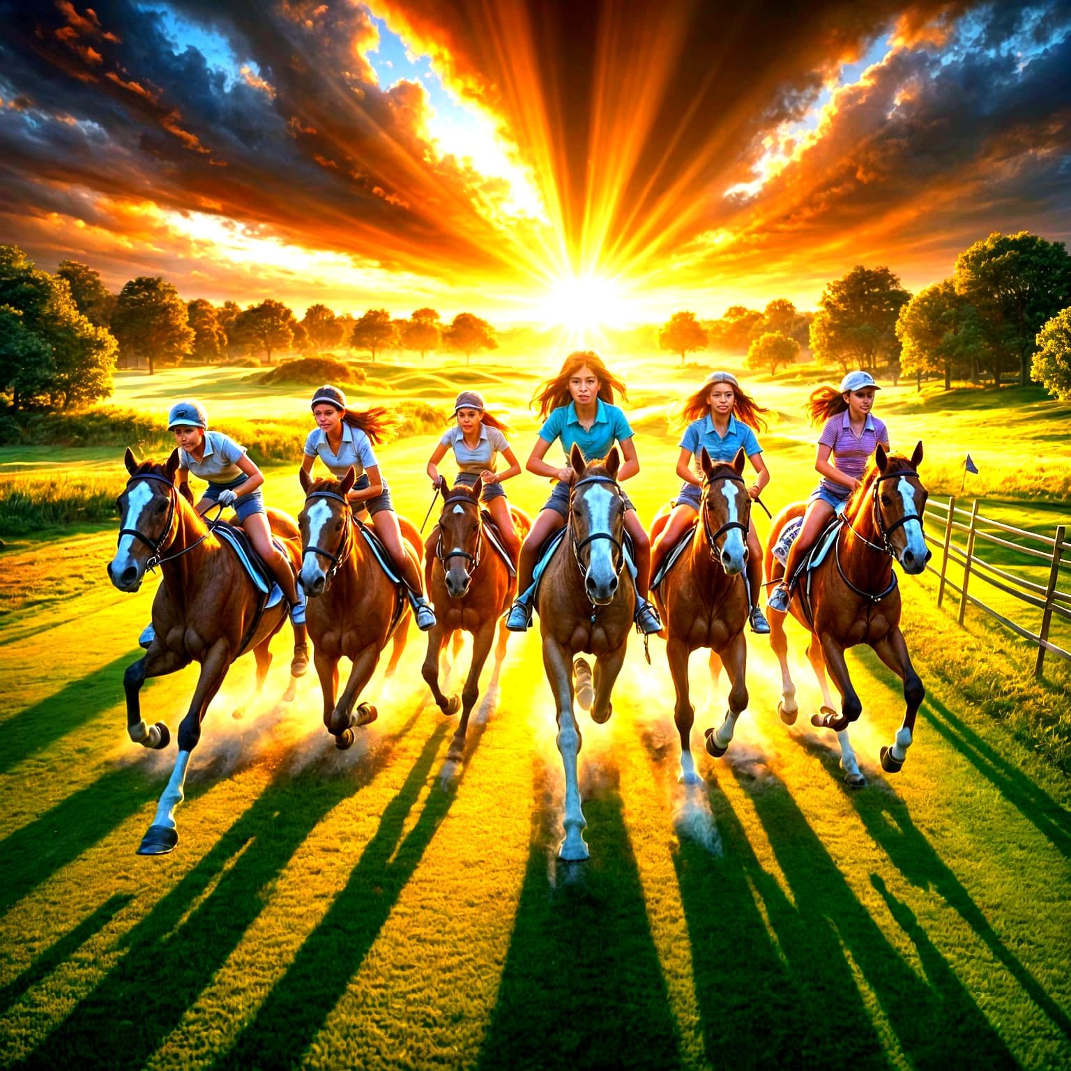 Girls Horseback Riding at Dawn: Fisheye Lens View