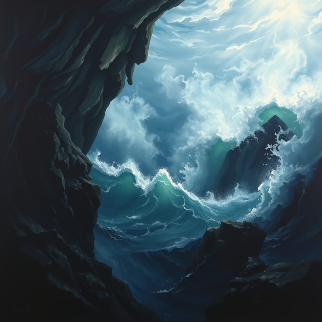 Ocean's Roar Meets Forest Wail in Dramatic Oil Painting