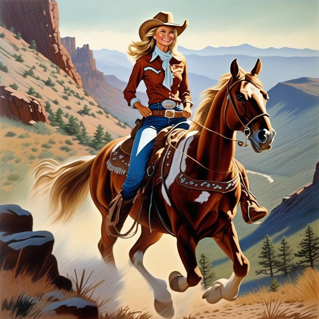 Cowgirl on Mountain Trail in Oil Painting Style