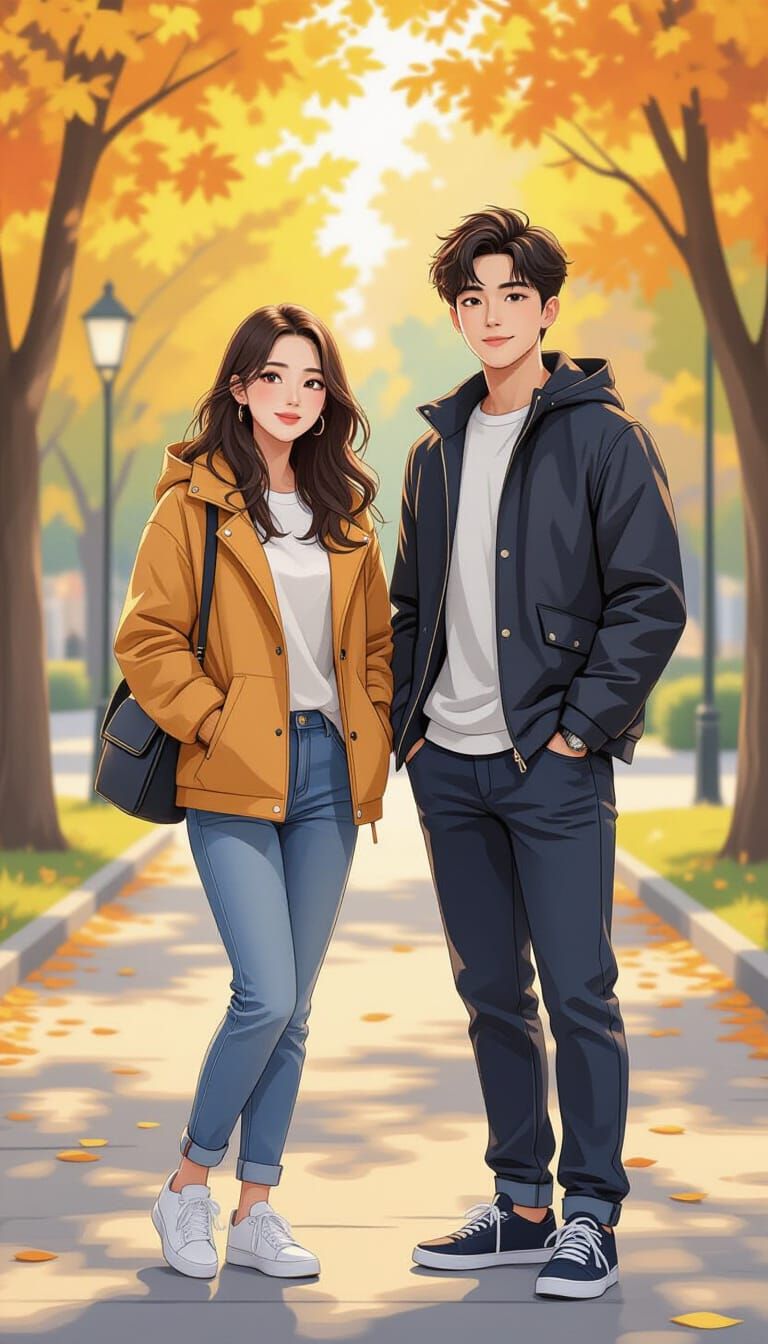 Stylish Korean Couple in Park, Digital Art Style