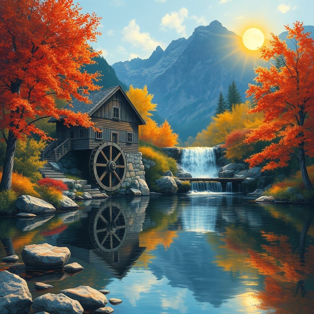 Autumn Mill Scene with Waterfall Reflection