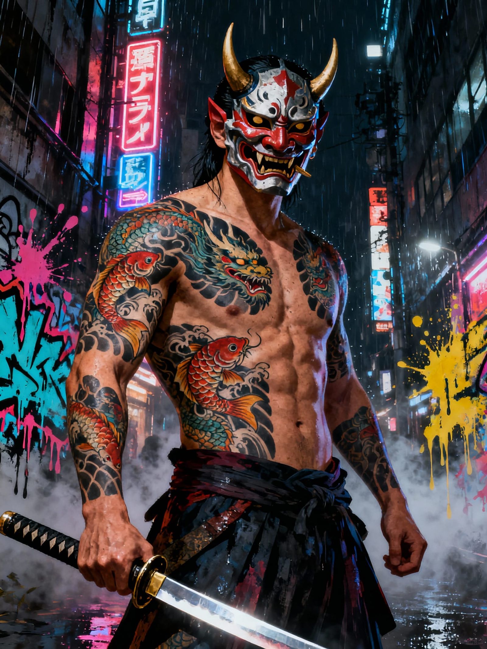 Yakuza Enforcer with Irezumi Tattoos and Oni Mask