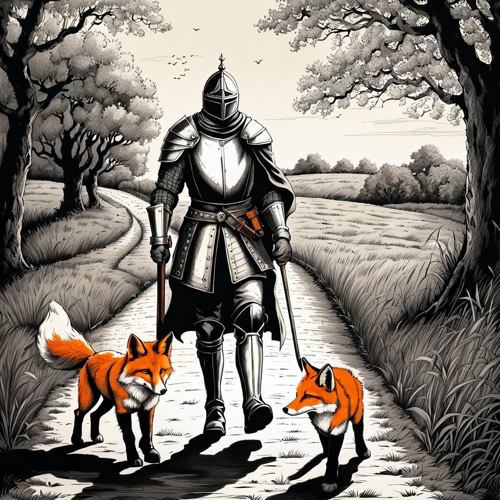 Old Knight and Fox Companion: Inked Line Drawing