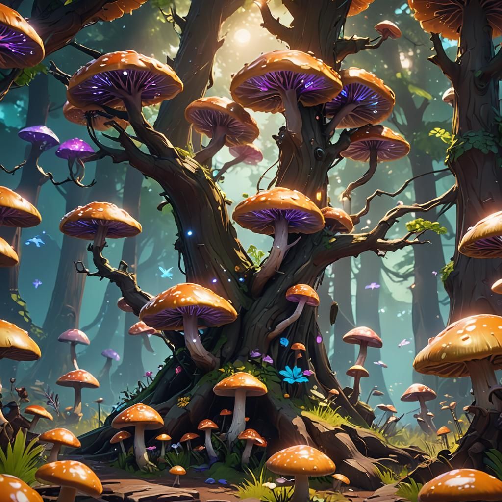 Ethereal Tree Blooms in Luminous Mushroom Forest