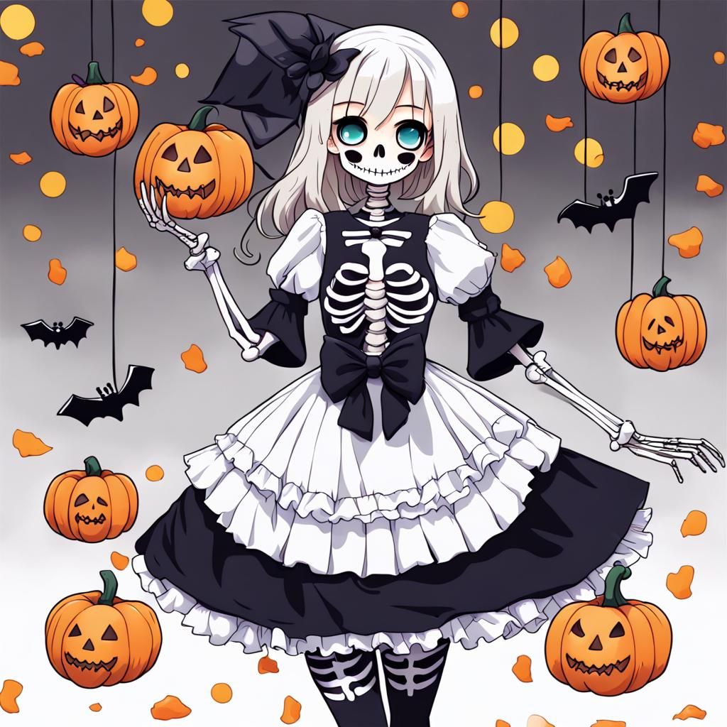 Cute Skeleton Girl in Anime Style for Halloween