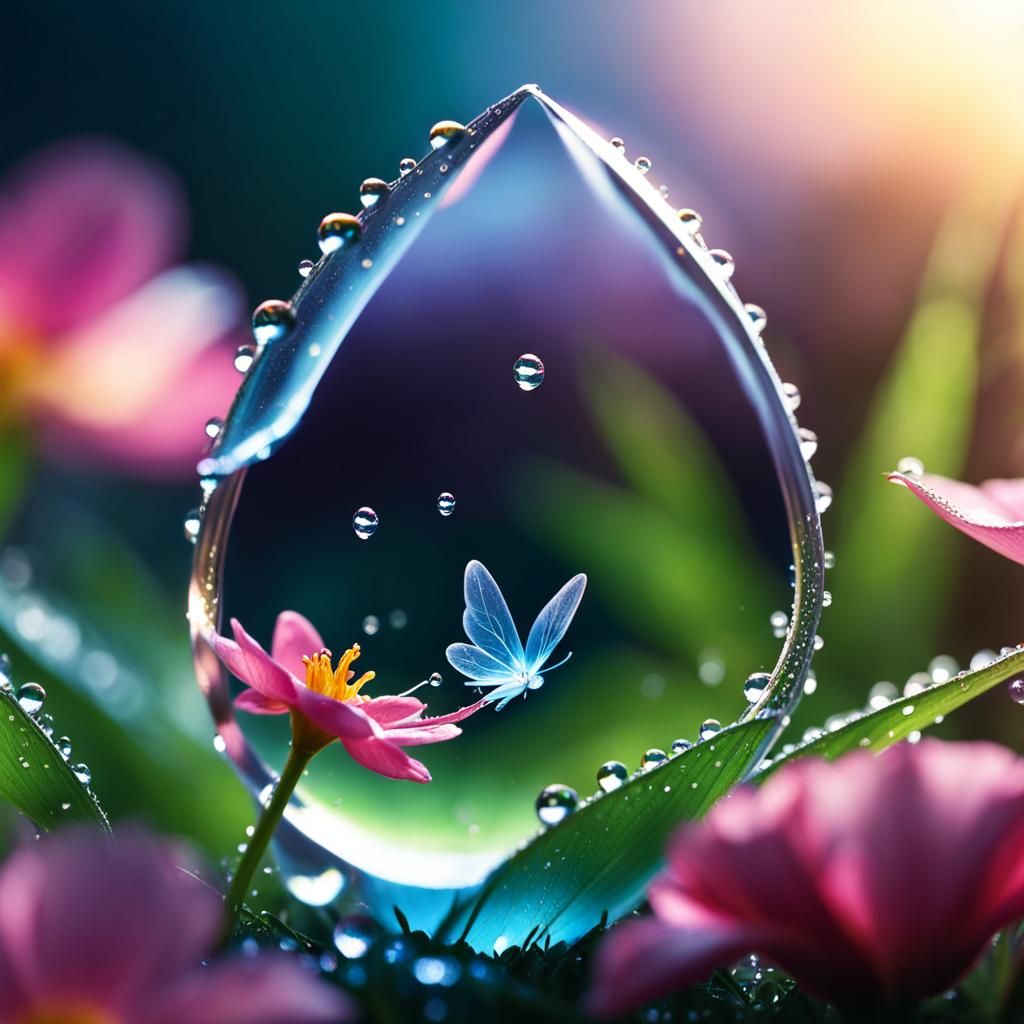 Fairy World Through Dewdrop: Hyperrealistic Close-Up