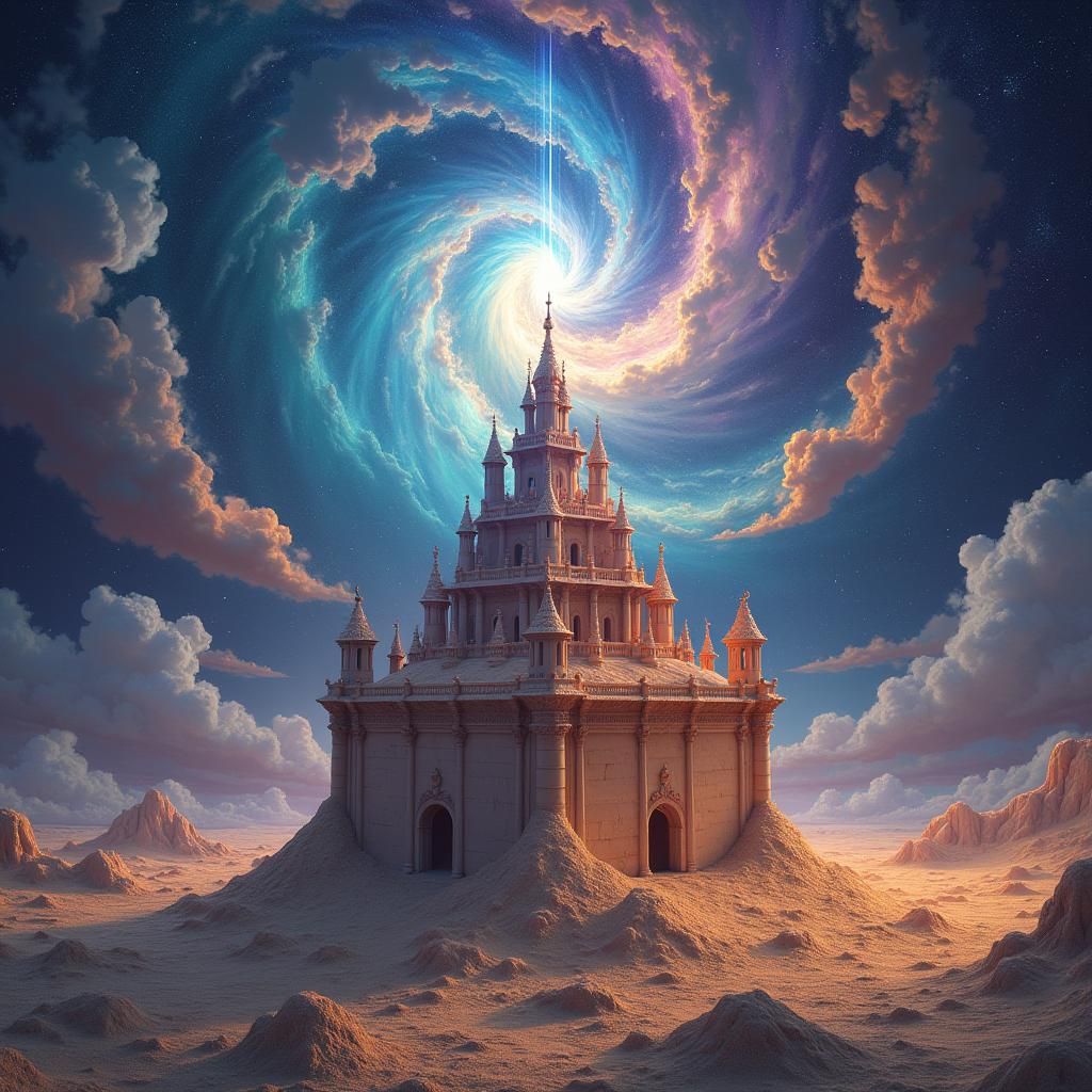 Psychedelic Sandcastle on Dice in Cosmic Flames