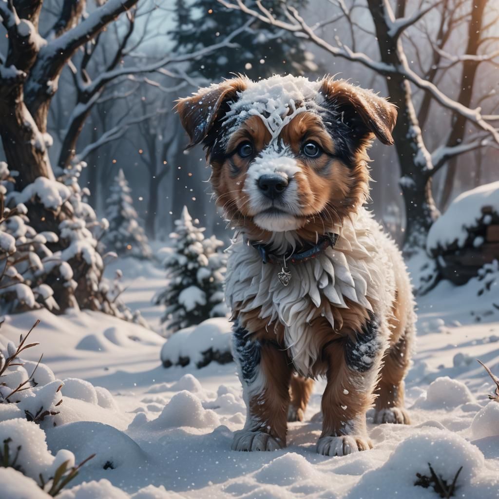 Snowy Puppy: Detailed Matte Painting in 8K