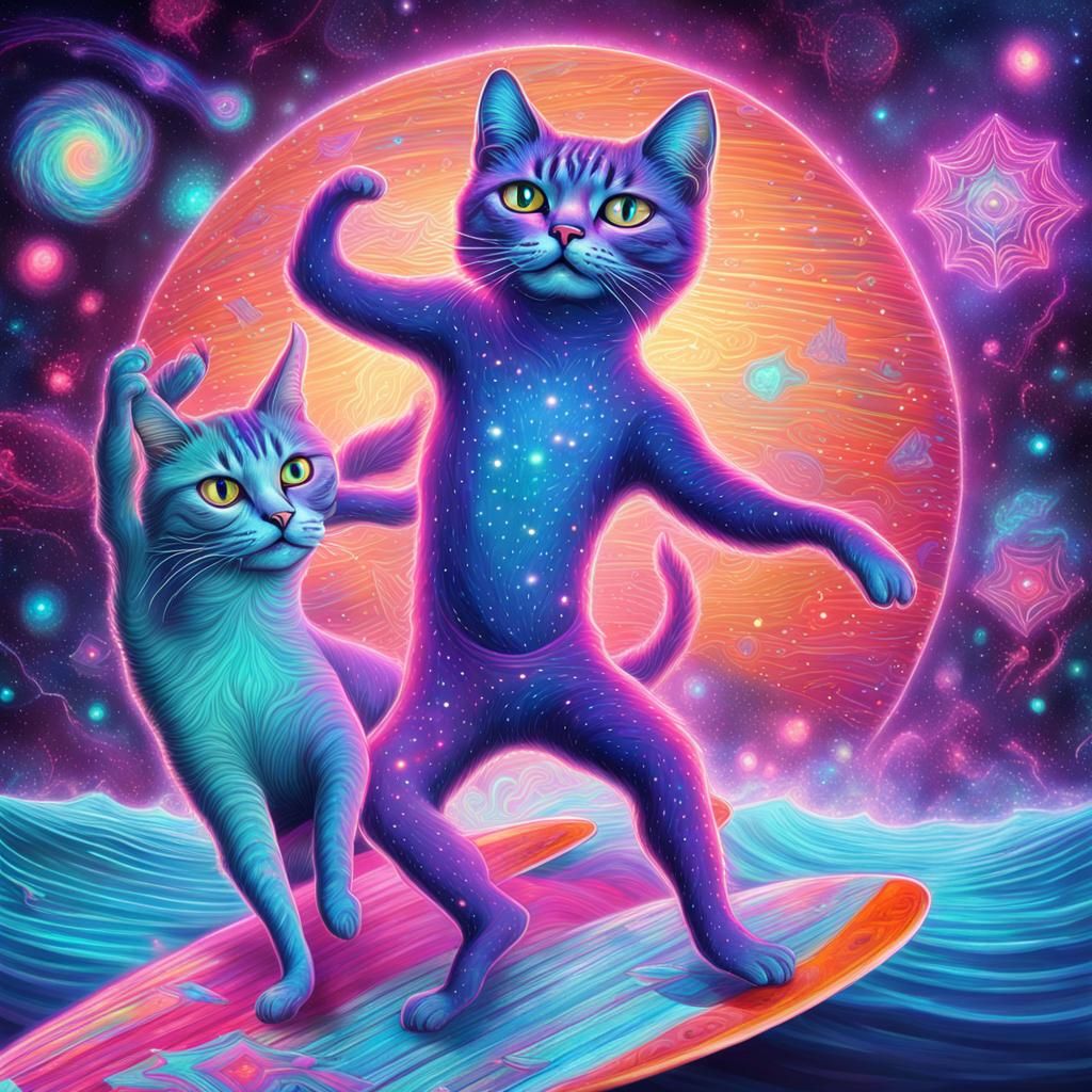 Astral Cats Dancing Surfing Party Illustration