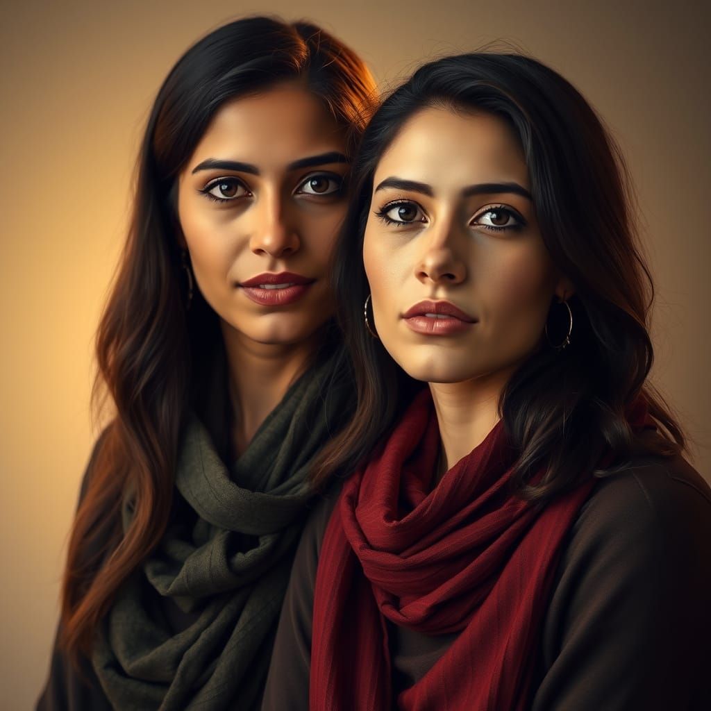 Photorealistic Portrait of Two Women in Warm Golden Lighting