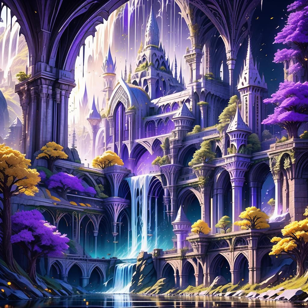 Elven City Waterfall: Dark Fantasy Concept Art