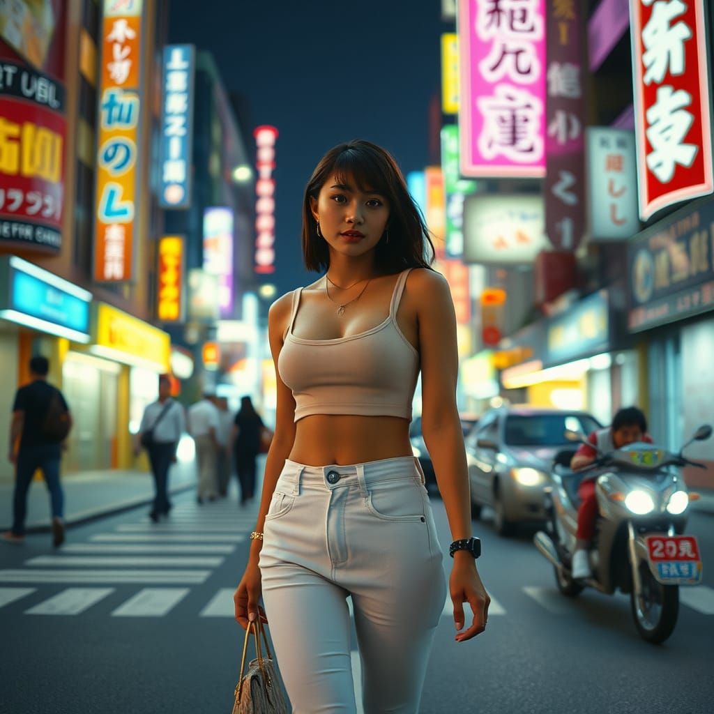 Neon Tokyo Street Scene with Japanese Woman