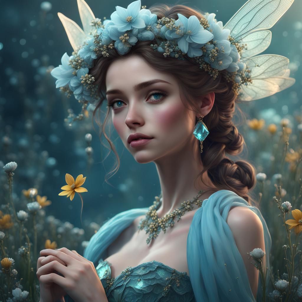 Aquamarine Fairy with Flowers in Fantasy Art Style