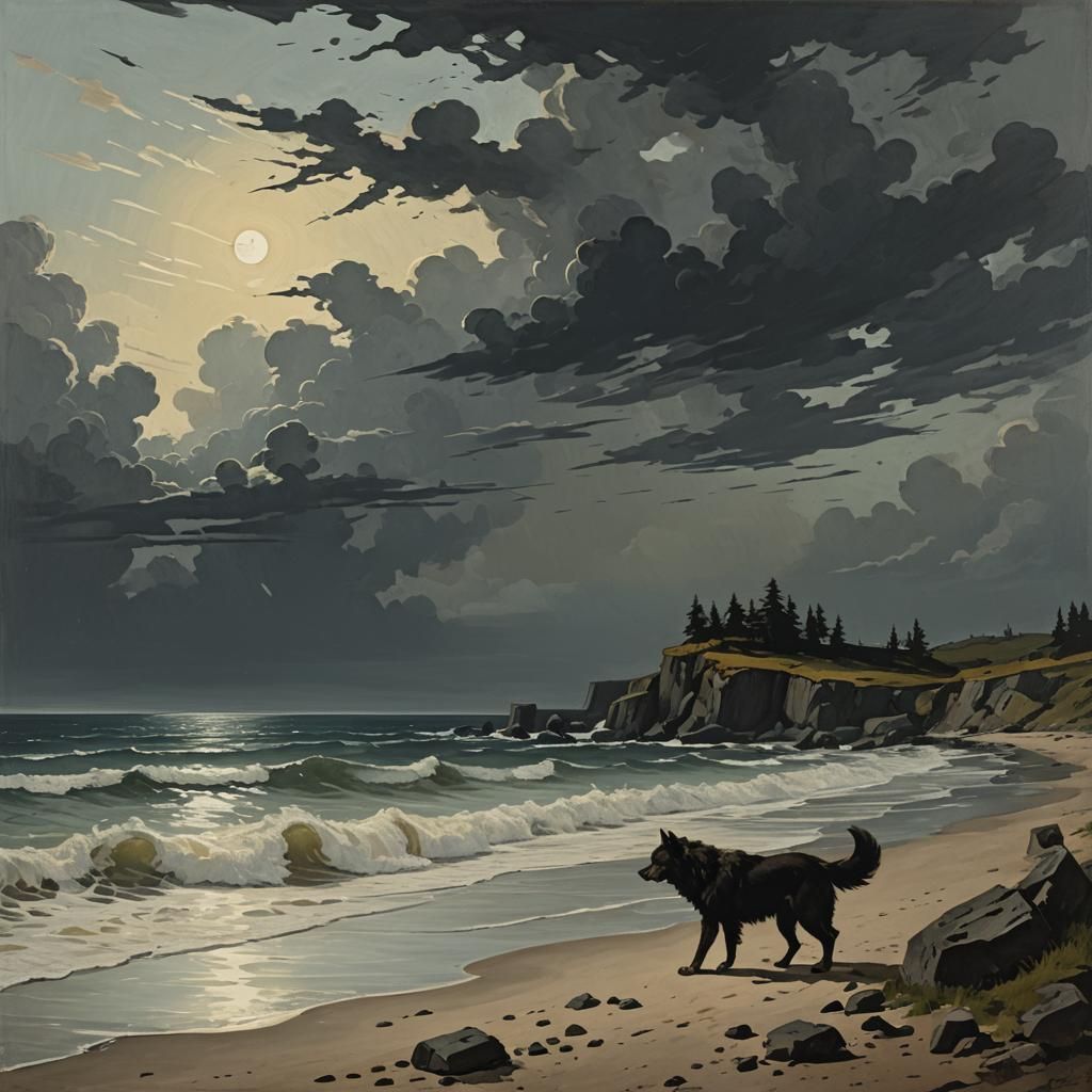 Lycanthrope Gouache Illustration on Sea Coast