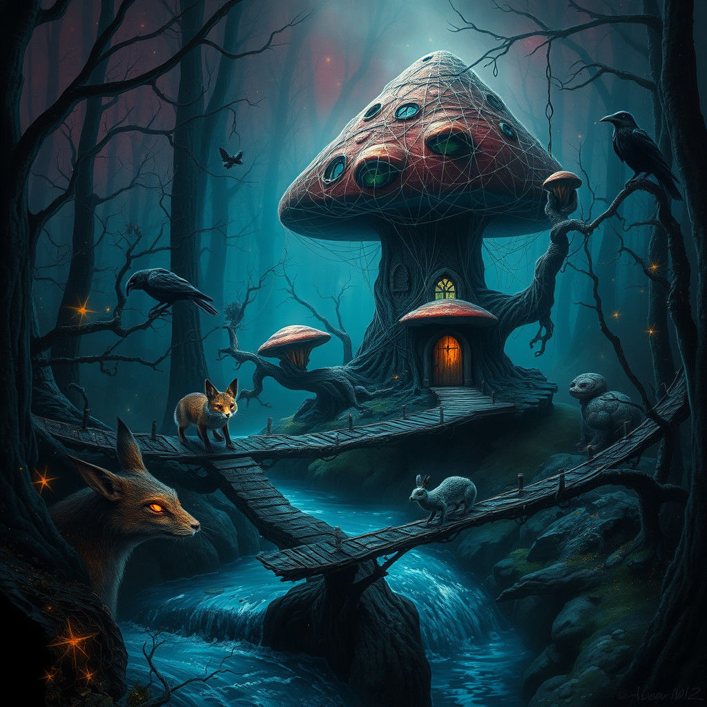 Mystical Dark Fairy Forest with Mushroom House