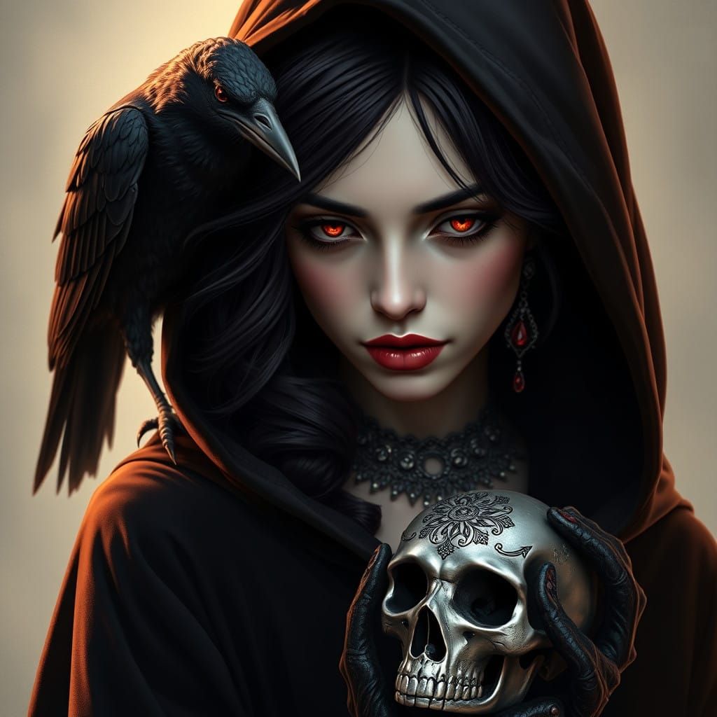 Ethereal Enchantress with Raven and Skull in Dark Velvet Att...