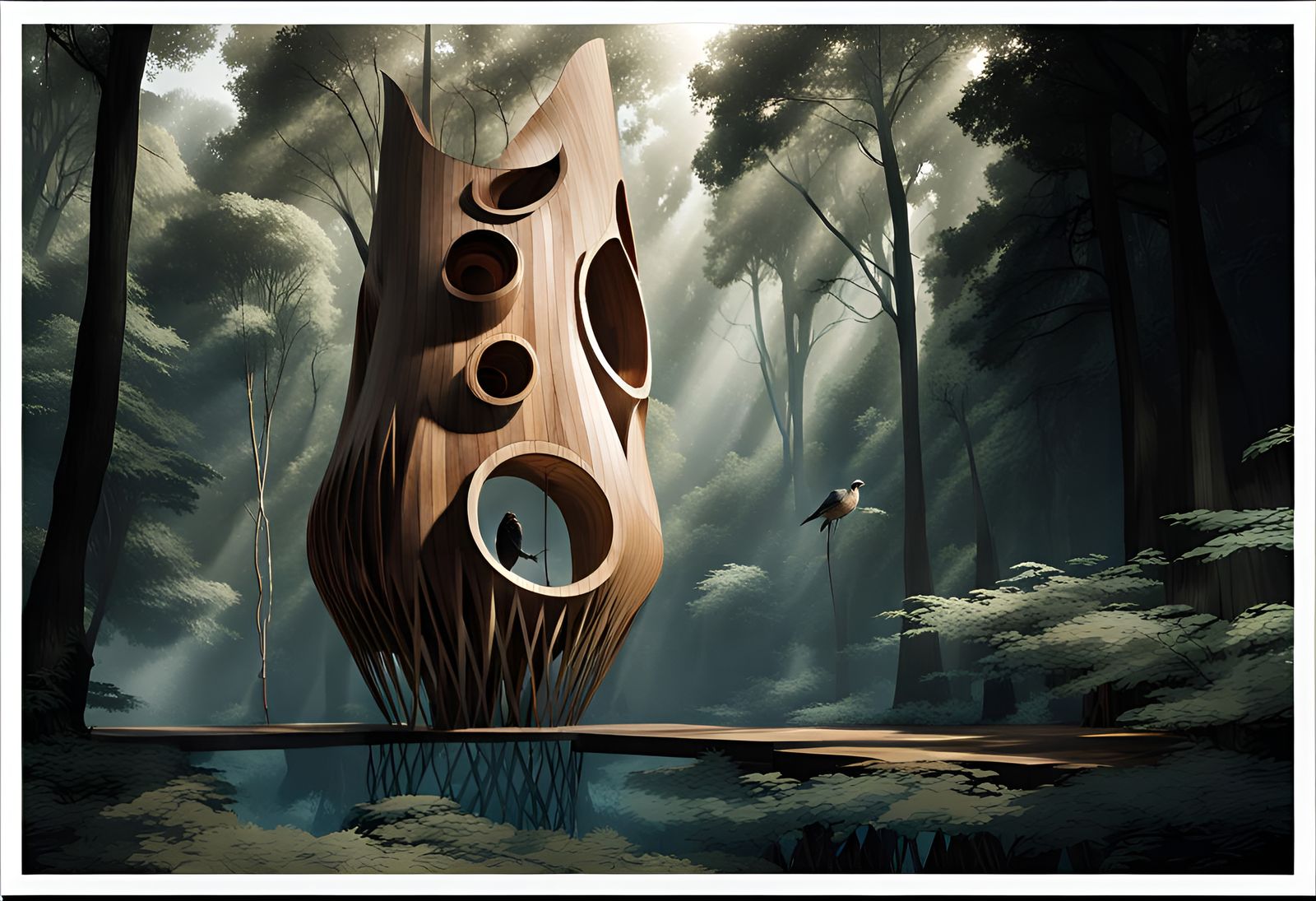 wooden aeolian wind harp bird house