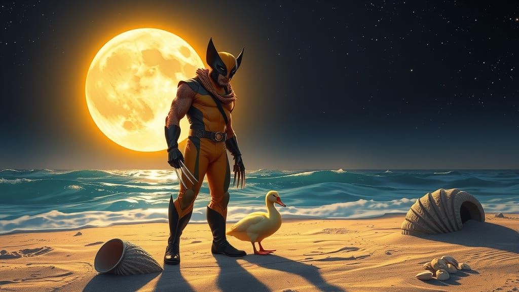 Wolverine and Duck Steampunk Silhouette on Beach