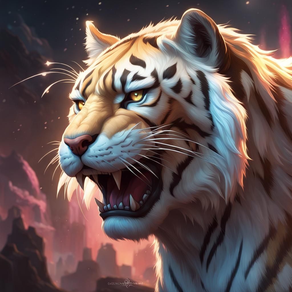 Starlight Sabertooth Tiger Portrait in Hyperdetailed Style