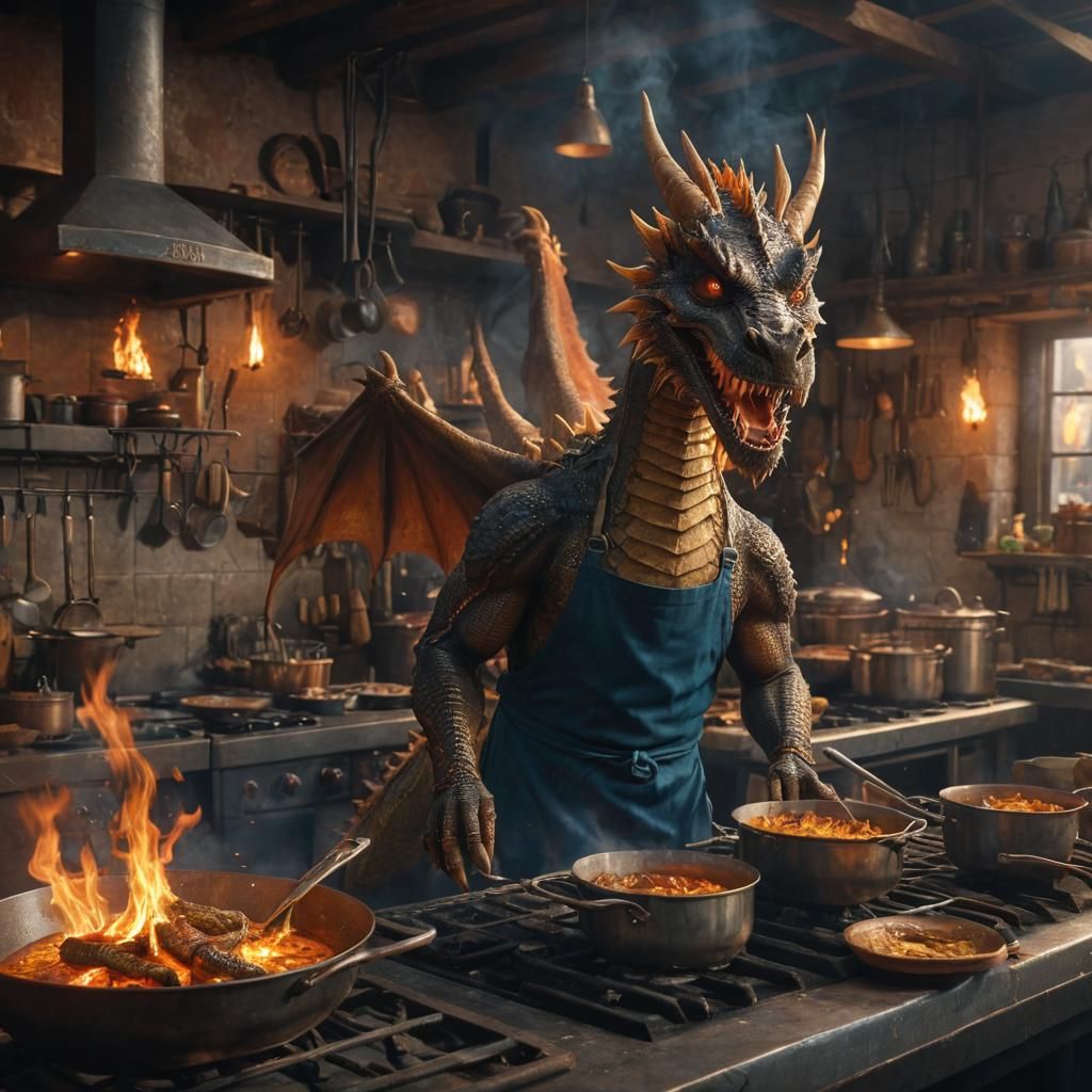 Dragon Chef Cooking with Fire Breath in Restaurant