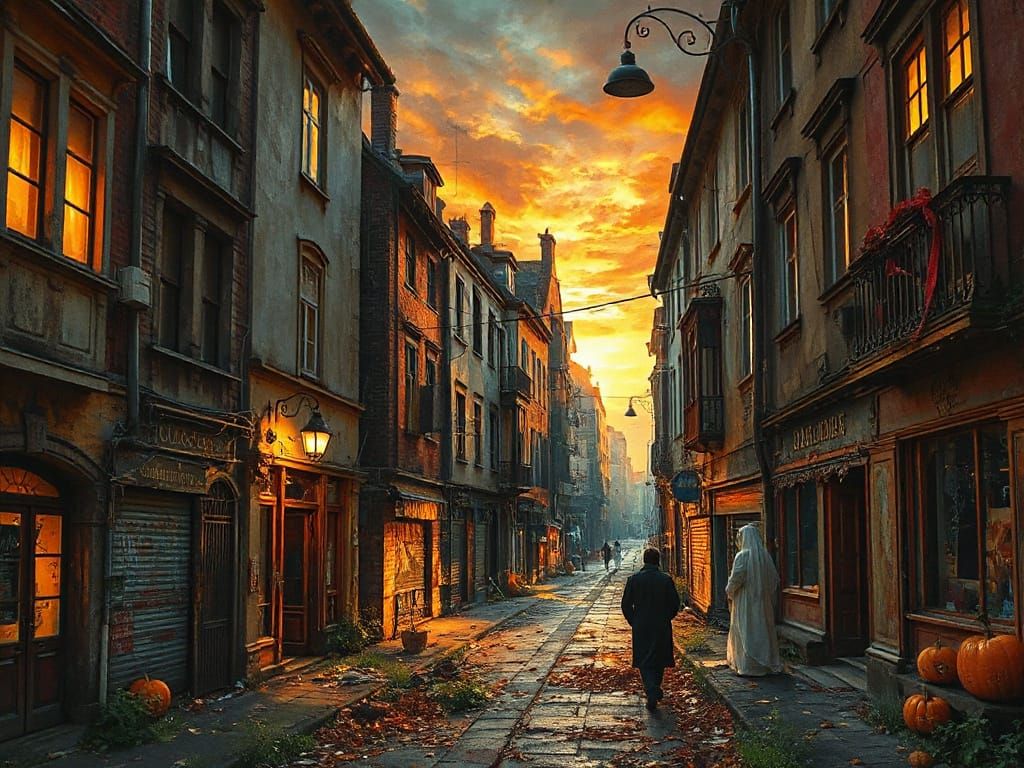 Decaying European City at Sunset in Vivid Impasto Oil Style
